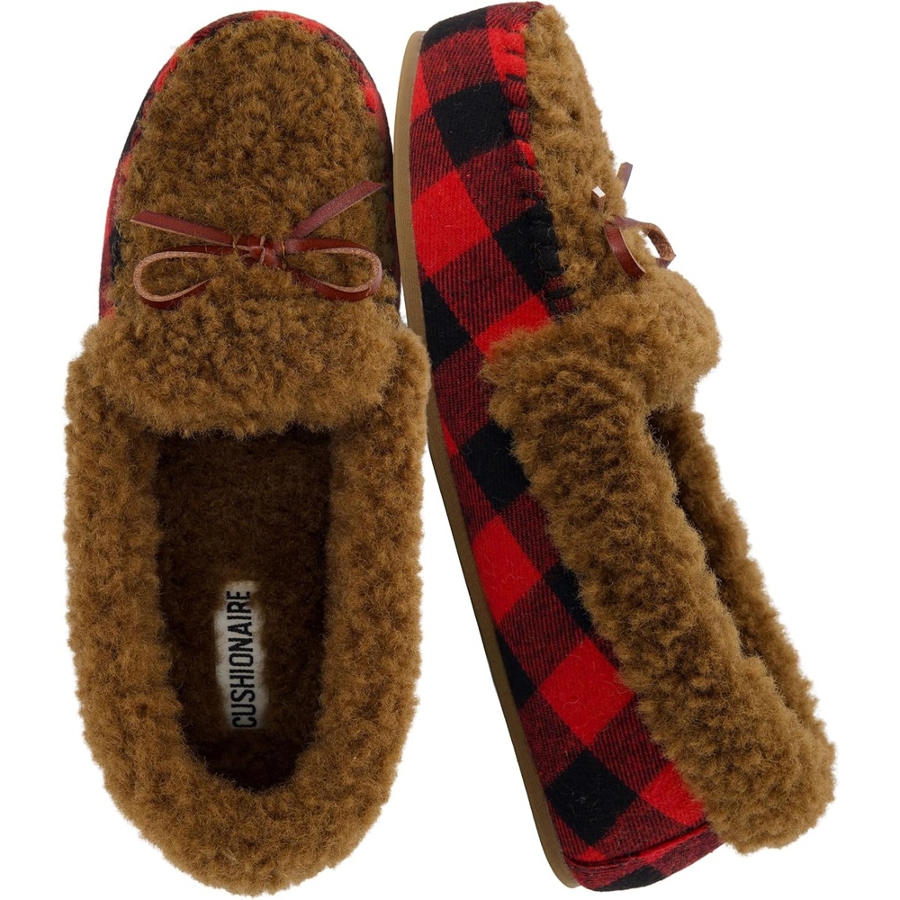 image:imageCUSHIONAIRE Stella Womens Moccasin Slippers  Faux Fur Lining Memory Foam amp Wide Widths AvailableBrown