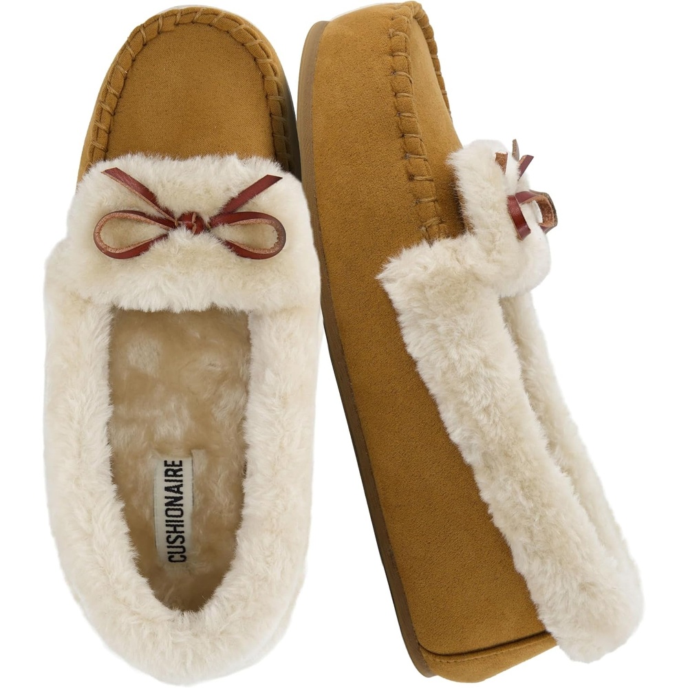 image:imageCUSHIONAIRE Stella Womens Moccasin Slippers  Faux Fur Lining Memory Foam amp Wide Widths AvailableChestnut