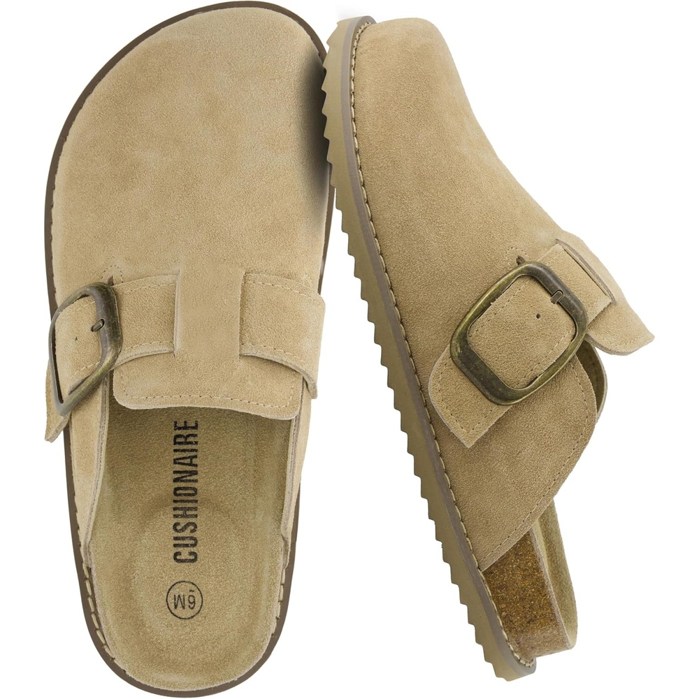 image:imageCUSHIONAIRE Womens Blain Genuine Suede SlipOn Clogs with  Memory Foam amp Chic Buckle Mule  Comfortable NonSlip Wide Widths AvailableBiscuit Suede