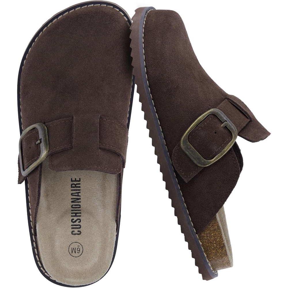 image:imageCUSHIONAIRE Womens Blain Genuine Suede SlipOn Clogs with Memory Foam amp Chic Buckle Mule Comfortable NonSlip Wide Widths AvailableChocolate
