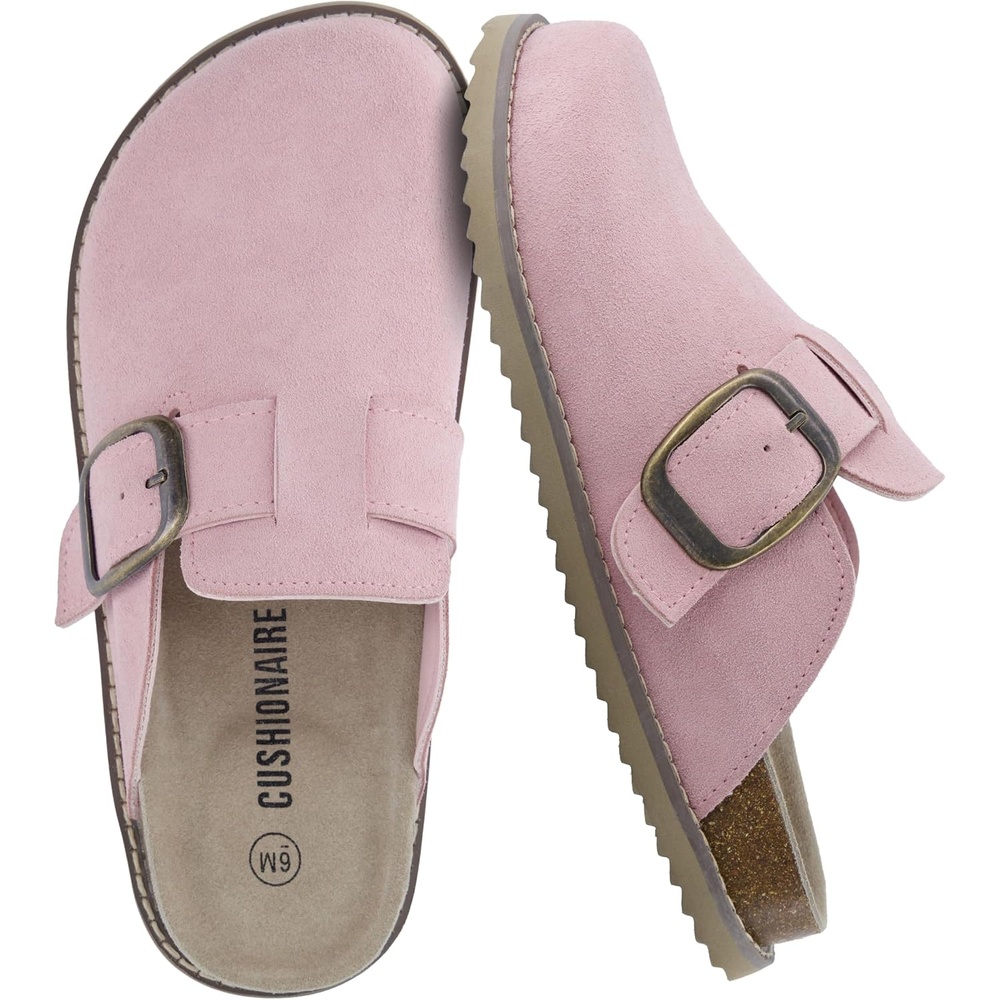 image:imageCUSHIONAIRE Womens Blain Genuine Suede SlipOn Clogs with Memory Foam amp Chic Buckle Mule Comfortable NonSlip Wide Widths AvailableLight Pink