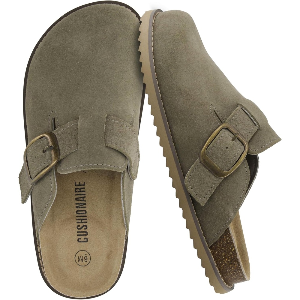 image:imageCUSHIONAIRE Womens Blain Genuine Suede SlipOn Clogs with Memory Foam amp Chic Buckle Mule Comfortable NonSlip Wide Widths AvailableMoss