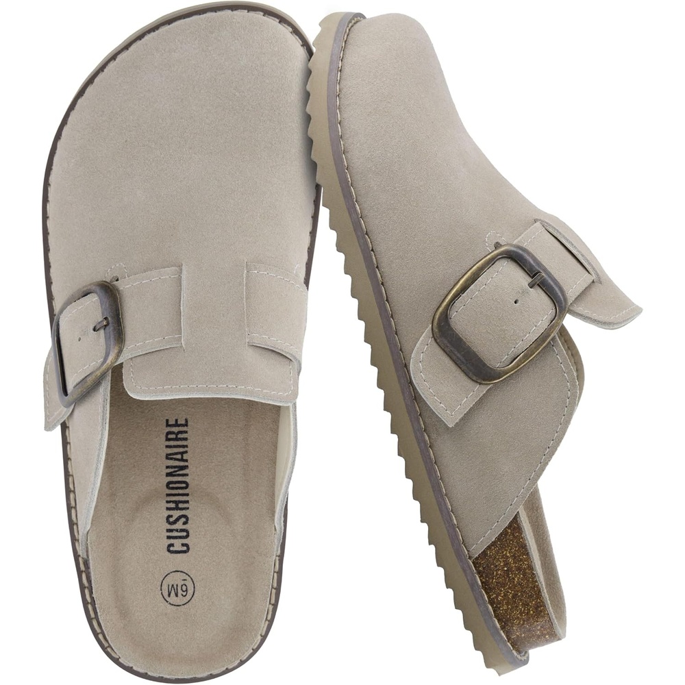 image:imageCUSHIONAIRE Womens Blain Genuine Suede SlipOn Clogs with  Memory Foam amp Chic Buckle Mule  Comfortable NonSlip Wide Widths AvailablePutty