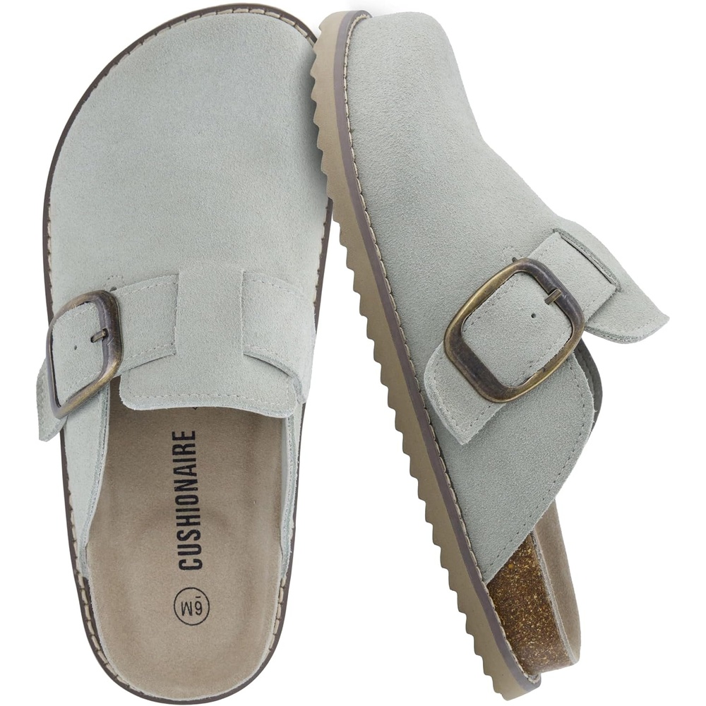 image:imageCUSHIONAIRE Womens Blain Genuine Suede SlipOn Clogs with Memory Foam amp Chic Buckle Mule Comfortable NonSlip Wide Widths AvailableSage
