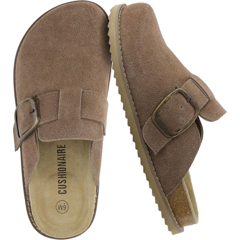 image:imageCUSHIONAIRE Womens Blain Genuine Suede SlipOn Clogs with Memory Foam amp Chic Buckle Mule Comfortable NonSlip Wide Widths AvailableTaupe Suede