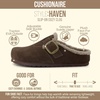 CUSHIONAIRE Haven Genuine Leather Clogs for Women – Faux Fur Lined Slip-On Womens Shoes with Cork Footbed and Adjustable Buckle(Brown)