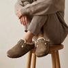 CUSHIONAIRE Haven Genuine Leather Clogs for Women – Faux Fur Lined Slip-On Womens Shoes with Cork Footbed and Adjustable Buckle(Dark Taupe)