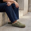 CUSHIONAIRE Haven Genuine Leather Clogs for Women – Faux Fur Lined Slip-On Womens Shoes with Cork Footbed and Adjustable Buckle(Khaki)