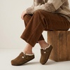 CUSHIONAIRE Haven Genuine Leather Clogs for Women – Faux Fur Lined Slip-On Womens Shoes with Cork Footbed and Adjustable Buckle(Mid Brown)