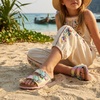 CUSHIONAIRE Lily Girl Toddler Sandals with Adjustable Gold Tone Star Buckles and Cushioned Cork Footbed Slip On Girls Slides for Kids(Multi Woven)
