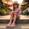 CUSHIONAIRE Lily Girl Toddler Sandals with Adjustable Gold Tone Star Buckles and Cushioned Cork Footbed Slip On Girls Slides for Kids(Pink Woven)
