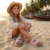 CUSHIONAIRE Lily Girl Toddler Sandals with Adjustable Gold Tone Star Buckles and Cushioned Cork Footbed Slip On Girls Slides for Kids(Pink Woven)