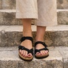 CUSHIONAIRE Luna Sandals for Women, Cork Footbed Womens Sandals for Summer Comfort with Adjustable Straps, Wide Width Available(Black)