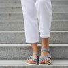 CUSHIONAIRE Luna Sandals for Women, Cork Footbed Womens Sandals for Summer Comfort with Adjustable Straps, Wide Width Available(Blue Vegan Suede)