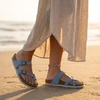 CUSHIONAIRE Luna Sandals for Women, Cork Footbed Womens Sandals for Summer Comfort with Adjustable Straps, Wide Width Available(Blue Vegan Suede)