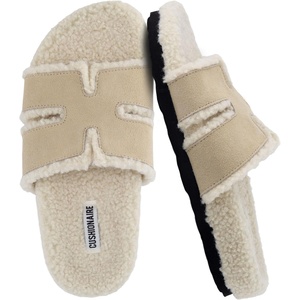 CUSHIONAIRE Cuddle Fur Slippers for Women Faux Shearling Slide Sandal +Memory Foam, Wide Widths Available(Sand)