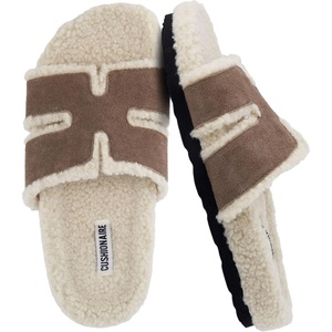 CUSHIONAIRE Cuddle Fur Slippers for Women Faux Shearling Slide Sandal +Memory Foam, Wide Widths Available(Taupe)