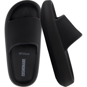 CUSHIONAIRE Feather EVA Slides for Women – Comfortable Slip On Womens Slippers, Indoor Outdoor Shower Shoes, Beach Essential Cloud Slides(Black)