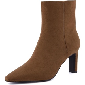 CUSHIONAIRE Giana Womens High Heel Ankle Boots, Square Toe Vegan Suede Mid Block Heel Dress Booties for Office(Tobacco)