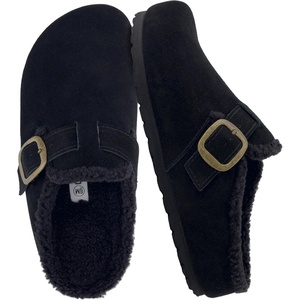 CUSHIONAIRE Haven Genuine Leather Clogs for Women – Faux Fur Lined Slip-On Womens Shoes with Cork Footbed and Adjustable Buckle(Black)