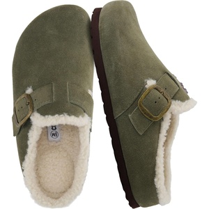 CUSHIONAIRE Haven Genuine Leather Clogs for Women – Faux Fur Lined Slip-On Womens Shoes with Cork Footbed and Adjustable Buckle(Khaki)