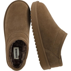 CUSHIONAIRE Hilo-3 Cozy Suede Womens Slippers, Soft Faux Fur Lined Slip On House Shoes for Women with Cushioned Memory Foam(Brown Wood Genuine Suede)
