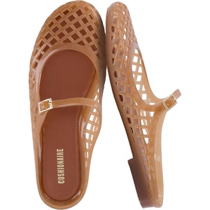 CUSHIONAIRE Java Casual Womens Jelly Flats with Adjustable Strap, Closed Toe Mary Janes Mule Design, Waterproof Jelly Sandals for Women(Whiskey)