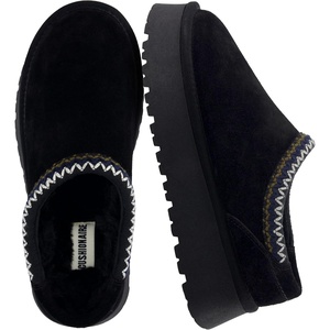 CUSHIONAIRE Kabuki Platform Boots Genuine Suede Fuzzy Mule Slippers for Women with Memory Foam | Indoor/Outdoor Womens Slippers | Wide Widths Available(Black Suede)