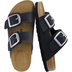 CUSHIONAIRE Laz 100% Genuine Leather Cork Footbed Slide Sandals for Women with Adjustable Buckles and Memory Foam(Black)