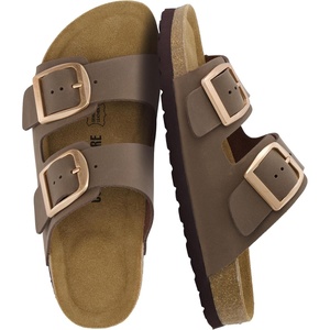 CUSHIONAIRE Laz 100% Genuine Leather Cork Footbed Slide Sandals for Women with Adjustable Buckles and Memory Foam(Brown)