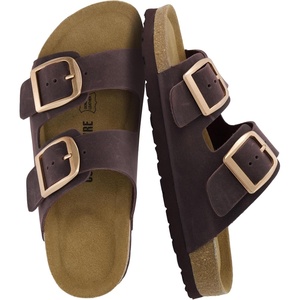 CUSHIONAIRE Laz 100% Genuine Leather Cork Footbed Slide Sandals for Women with Adjustable Buckles and Memory Foam(Chocolate)