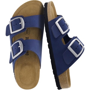 CUSHIONAIRE Laz 100% Genuine Leather Cork Footbed Slide Sandals for Women with Adjustable Buckles and Memory Foam(Navy)