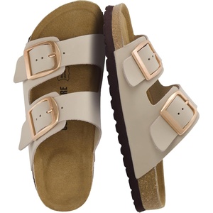 CUSHIONAIRE Laz 100% Genuine Leather Cork Footbed Slide Sandals for Women with Adjustable Buckles and Memory Foam(Stone)