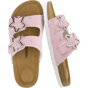 CUSHIONAIRE Lily Girl Toddler Sandals with Adjustable Gold Tone Star Buckles and Cushioned Cork Footbed Slip On Girls Slides for Kids(Pink Stars)