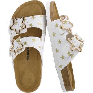 CUSHIONAIRE Lily Girl Toddler Sandals with Adjustable Gold Tone Star Buckles and Cushioned Cork Footbed Slip On Girls Slides for Kids(White Stars)
