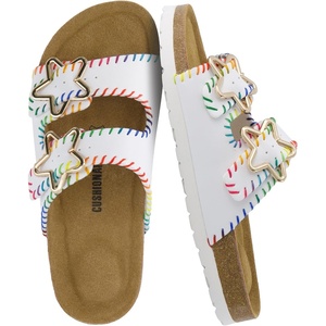 CUSHIONAIRE Lily Girl Toddler Sandals with Adjustable Gold Tone Star Buckles and Cushioned Cork Footbed Slip On Girls Slides for Kids(White Woven)