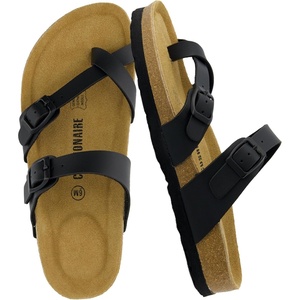 CUSHIONAIRE Luna Sandals for Women, Cork Footbed Womens Sandals for Summer Comfort with Adjustable Straps, Wide Width Available(Black Nappa)