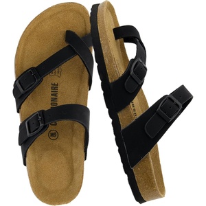 CUSHIONAIRE Luna Sandals for Women, Cork Footbed Womens Sandals for Summer Comfort with Adjustable Straps, Wide Width Available(Black Vegan Suede)