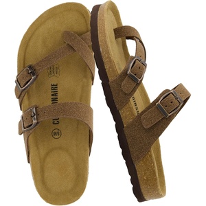 CUSHIONAIRE Luna Sandals for Women, Cork Footbed Womens Sandals for Summer Comfort with Adjustable Straps, Wide Width Available(Brown Vegan Suede)