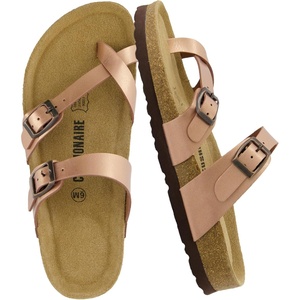 CUSHIONAIRE Luna Sandals for Women, Cork Footbed Womens Sandals for Summer Comfort with Adjustable Straps, Wide Width Available(Gold (Rose))