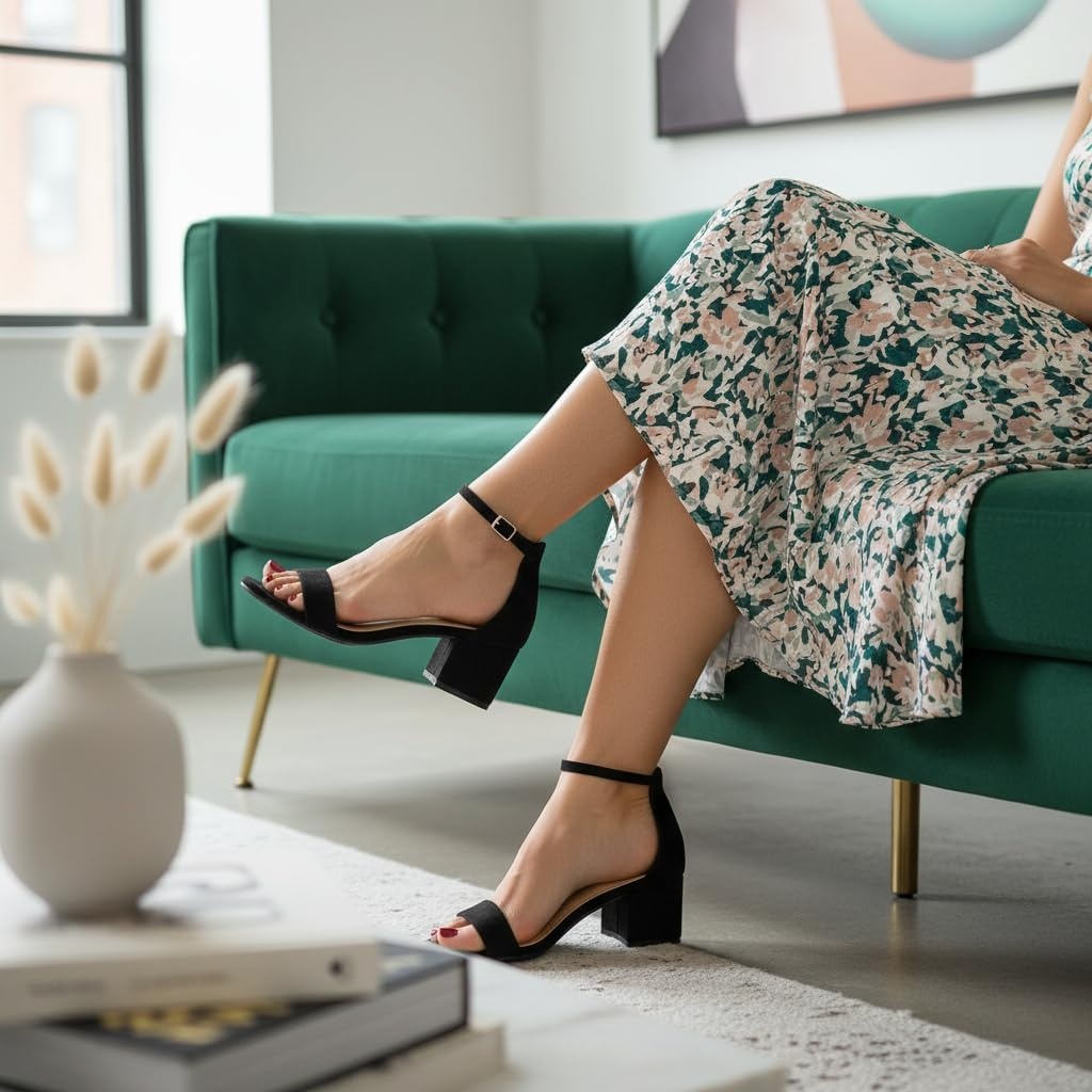 image:imageCUSHIONAIRE Alba Mid Block Heel Dress Shoes for Women Open Toe Ankle Strap Heeled Womens Sandals with Memory Foam ComfortBlack Suede