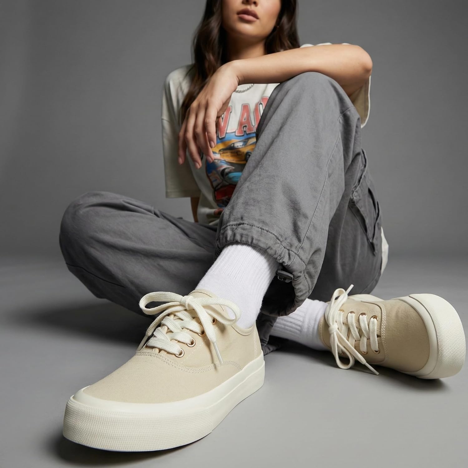 image:imageCUSHIONAIRE Freshman Womens Sneakers Lightweight Casual Walking Shoes for Women with Memory Foam Wide Widths AvailableKhaki Canvas