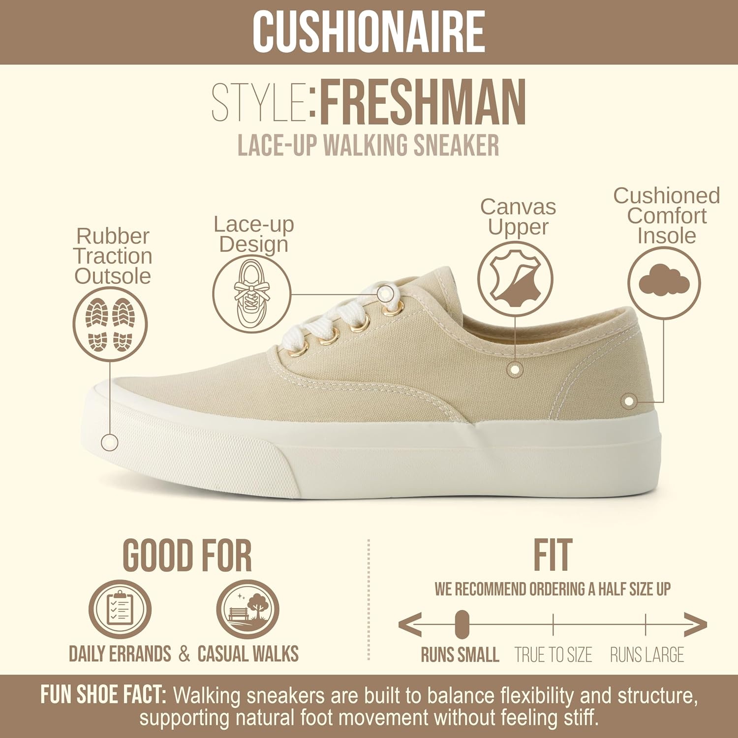 image:imageCUSHIONAIRE Freshman Womens Sneakers Lightweight Casual Walking Shoes for Women with Memory Foam Wide Widths AvailableKhaki Canvas
