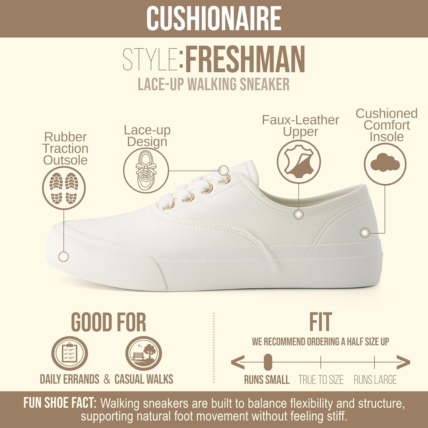 image:imageCUSHIONAIRE Freshman Womens Sneakers Lightweight Casual Walking Shoes for Women with Memory Foam Wide Widths AvailableWhite Smooth