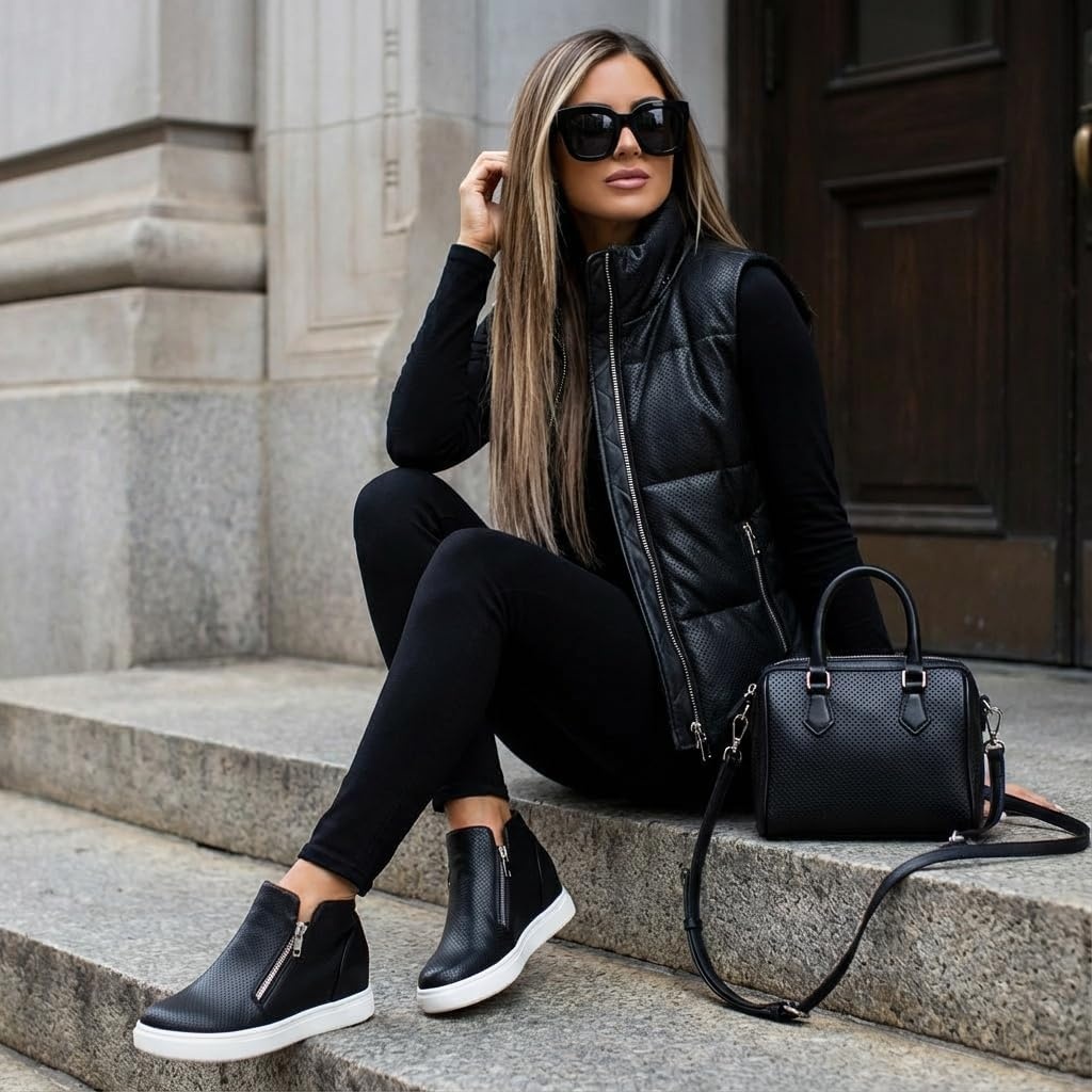 image:imageCUSHIONAIRE Hart Womens Casual Shoes with Dual Zippers Lightweight Hidden Wedge Fashion Sneakers for WomenBlack Pu