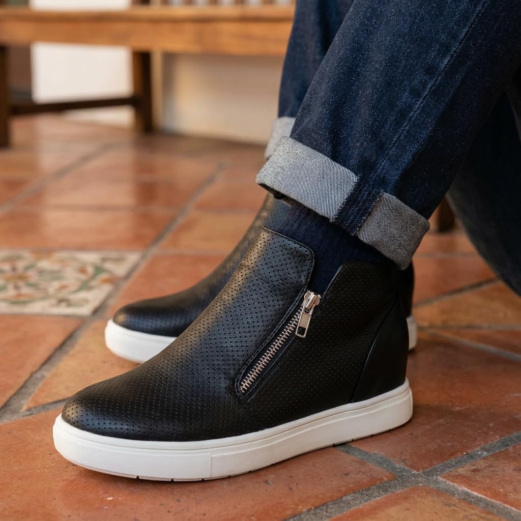 image:imageCUSHIONAIRE Hart Womens Casual Shoes with Dual Zippers Lightweight Hidden Wedge Fashion Sneakers for WomenBlack Pu