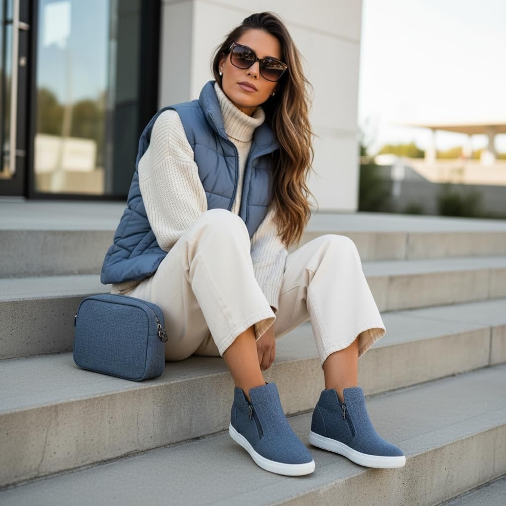 image:imageCUSHIONAIRE Hart Womens Casual Shoes with Dual Zippers Lightweight Hidden Wedge Fashion Sneakers for WomenBlue Canvas