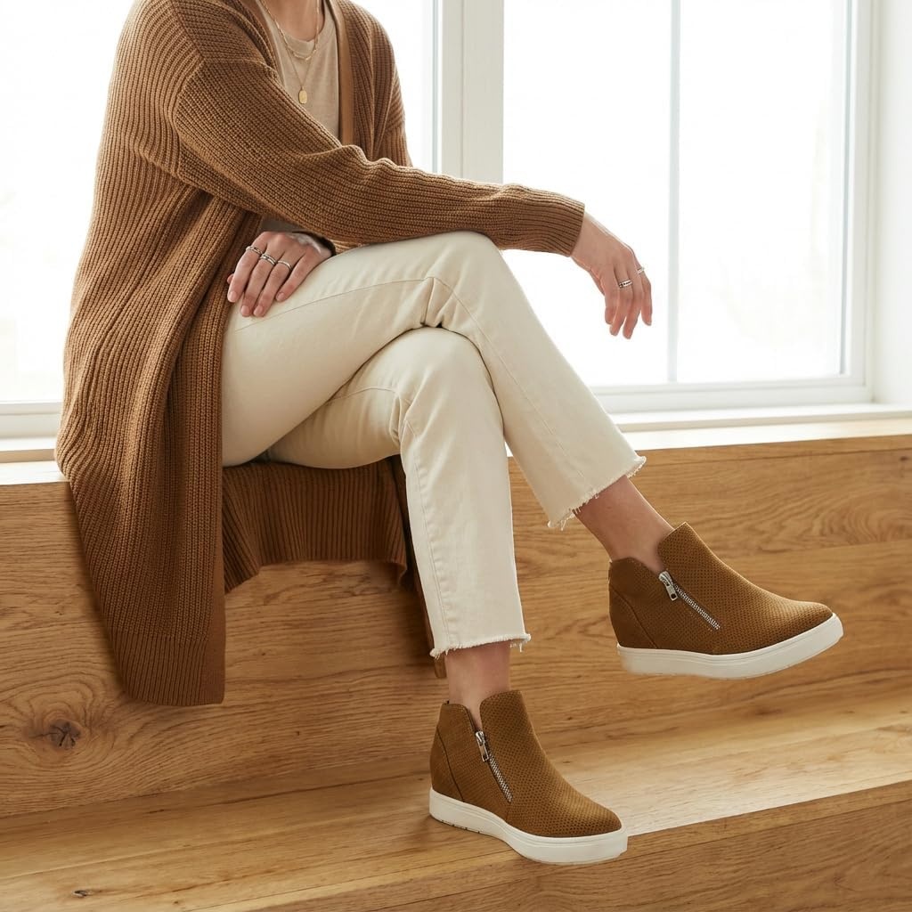image:imageCUSHIONAIRE Hart Womens Casual Shoes with Dual Zippers Lightweight Hidden Wedge Fashion Sneakers for WomenCognac