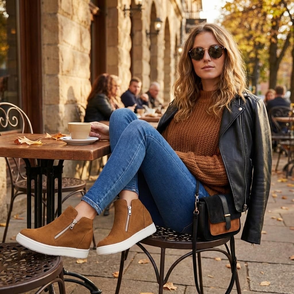 image:imageCUSHIONAIRE Hart Womens Casual Shoes with Dual Zippers Lightweight Hidden Wedge Fashion Sneakers for WomenCognac