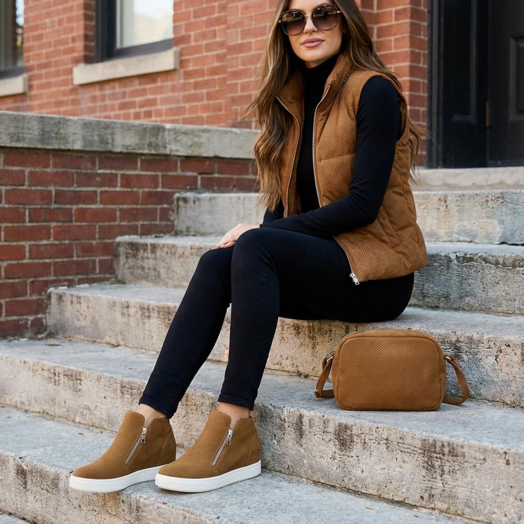 image:imageCUSHIONAIRE Hart Womens Casual Shoes with Dual Zippers Lightweight Hidden Wedge Fashion Sneakers for WomenCognac